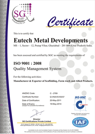 Certificate for Eutech Metal Development 
